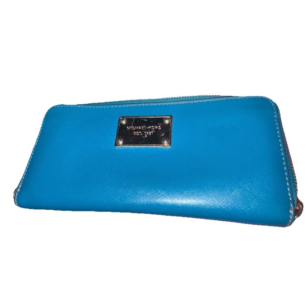 Michael Kors Continental Zip Around Wallet Teal Saffiano Leather